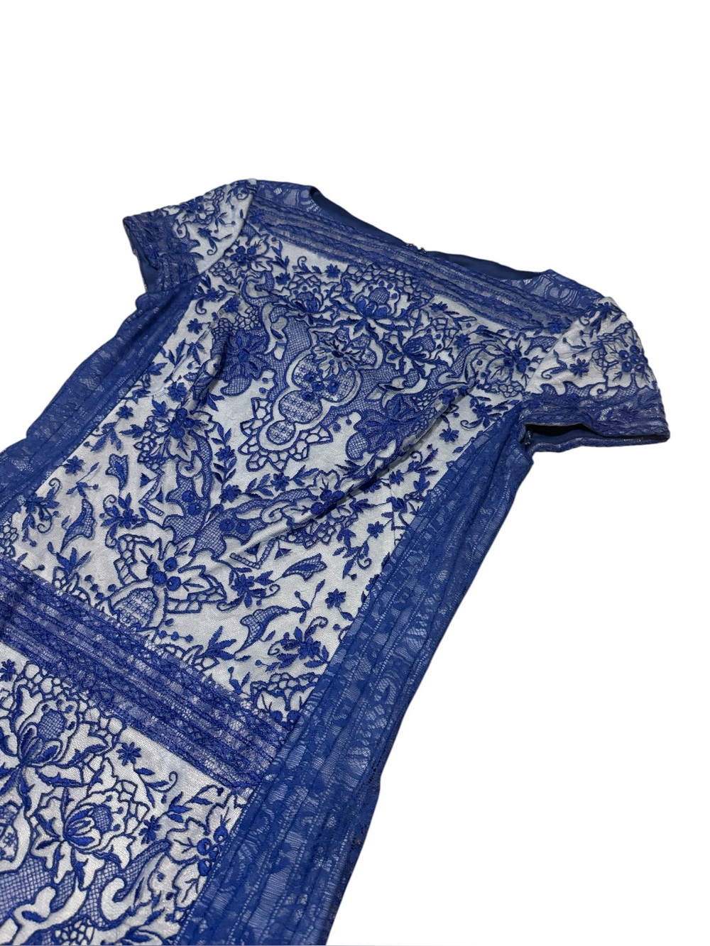 TADASHI SHOJI Runway Blue and White Lace Short Sleeve Cocktail Dress Size 8 - Picture 5 of 8
